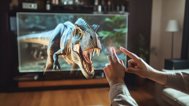 View from inside the Virtual Reality Glasses. the man’s hands control the screen from which a hyper-realistic dinosaur crawls out.