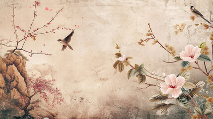 Beautiful seamless pink floral pattern with birds chinoiserie background. Wallpaper for interior design	
