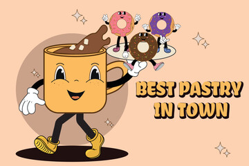 Funny retro coffee character in cool vintage style from 50s, 60s, 70s. Happy coffee mascot holding a tray of glazed donuts.