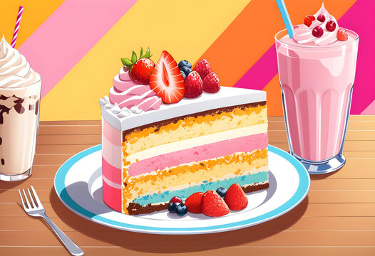 A very colorful image that depicts a slice of cake with cherry, and a milkshake