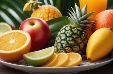 Plate with fresh tropical fruits. Assortment of exotic fruits isolated on plate