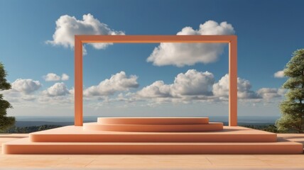 Podium stage stand on a peach background with blue sky and clouds on a sunny day 3d render