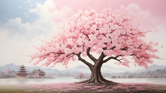 blossom in spring, A venerable cherry blossom tree in full bloom, painting the air with delicate hues of pink and white