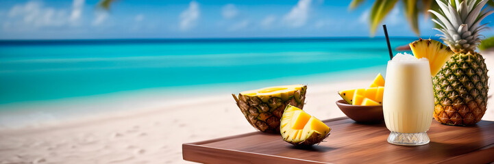 Pina Colada Cocktail Drink with pineapple over tropical beach background, copy space banner. Summer tropical delicious cocktail with fruits, vacation concept. Fresh summer cocktail, fresh drink - obrazy, fototapety, plakaty