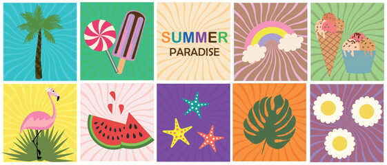 Set of Summer posters in retro style. Summer vector elements watermelon, ice cream, tropical leaves, palm, rainbow, chamomile, flamingo. Hello holidays or summer vector banners set.