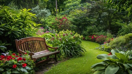 Obraz premium A peaceful lush garden with a wooden bench, vibrant green lawn, and flowering plants This image exudes serenity and the beauty of nature
