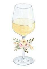 watercolor white wine glass with flowers isolated on white