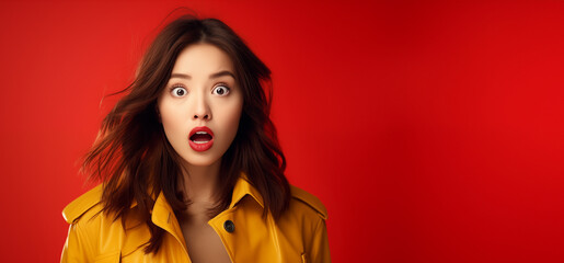 Une belle jeune femme asiatique surprise, étonnée, sur fond rouge, image avec espace pour texte. - obrazy, fototapety, plakaty