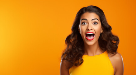 Portrait d'une belle femme brune surprise, étonnée, sur fond orange, image avec espace pour texte. - obrazy, fototapety, plakaty