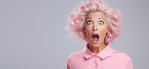 Portrait d'une femme senior surprise, étonnée, cheveux rose, sur fond gris, image avec espace pour texte. - obrazy, fototapety, plakaty