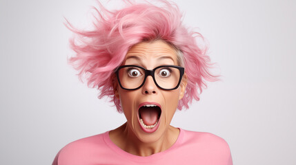 Portrait d'une femme senior surprise, étonnée, cheveux rose, portant des lunettes, sur fond blanc, image avec espace pour texte.