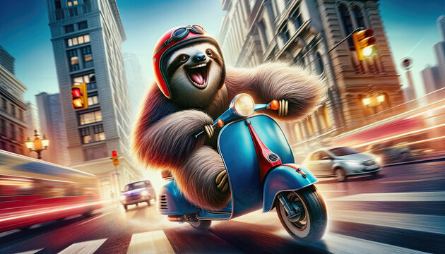 AI-generated image of a sloth riding a vespa style scooter fast on a city street with a big smile on his face, laughing