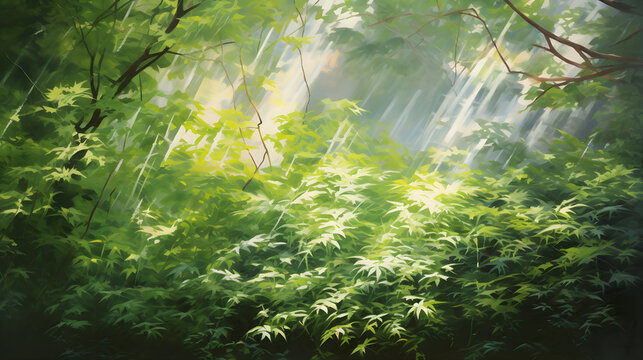 Exquisite Embrace of Wilderness: Dew-kissed Greenery in a Sun-dappled Lively Atmosphere © Lola