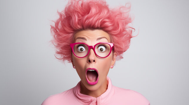 Portrait d'une femme senior surprise, étonnée, cheveux rose, portant des lunettes, sur fond gris, image avec espace pour texte.