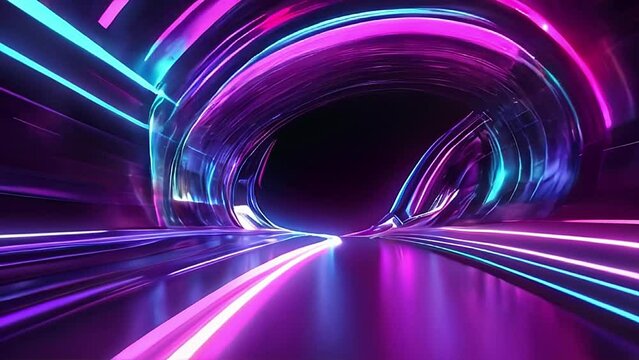 Ai generated 4K video of neon background, tunnel turning, ultraviolet rays, glowing lines, virtual reality, speed of light, space and time strings, and highway night lights. animation