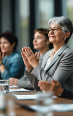 Group of business women applauding, clapping hands at successful meeting or presentation. Generative AI