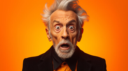 Portrait d'une homme senior surpris, étonné, sur fond orange, image avec espace pour texte. - obrazy, fototapety, plakaty