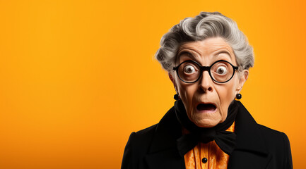 Portrait d'une femme senior surprise, étonnée, portant des lunettes, sur fond orange, image avec espace pour texte.