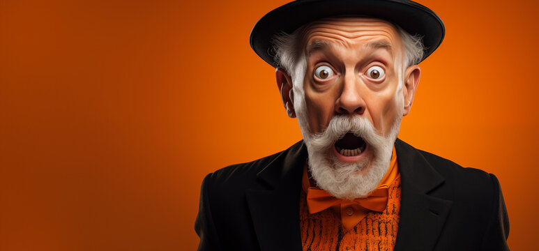 Portrait d'une homme senior surpris, étonné, portant un chapeau, sur fond orange, image avec espace pour texte.