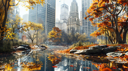 Autumn in the City Park, Skyscrapers Meet Seasonal Hues, An Urban Oasis in Fall