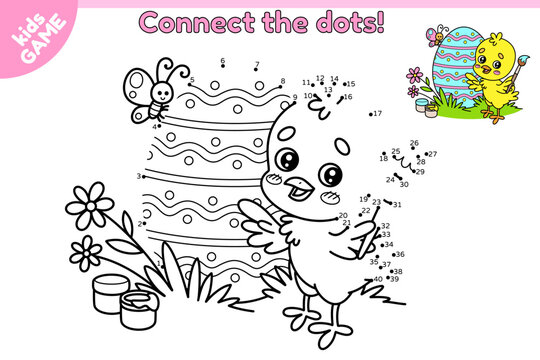 Dot to dot Easter kids game. Connect the dots by numbers, draw a cartoon happy chick paints the egg with a brush. Activity book for school children. Vector design on spring holiday theme for children.