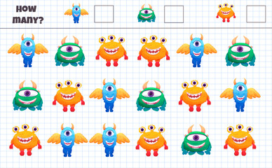 Counting game for kids with funny colorful monsters. Vector illustration