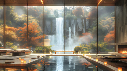 Bedroom Interior Design With Panoramic Windows With a View of Beautiful Nature and a Waterfall
