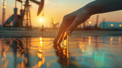 Hand of person touching oil near an oil rig. - obrazy, fototapety, plakaty