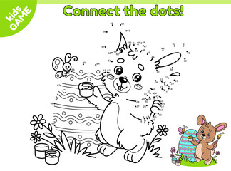 Dot to dot Easter kids game. Connect the dots by numbers, draw the cartoon rabbit. Cute hare paints the festive egg with a brush. Educational puzzle for children. Vector design on spring holiday theme