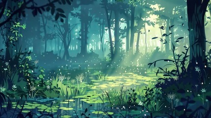 This is a magical illustration of an enchanted forest with dappled sunlight, glowing lights, and a serene pond surrounded by lush greenery