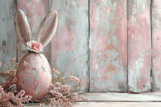 Easter dyed eggs with hare ears among grass and spring flowers with toy hare against painted blue countryside boards with peeling paint. Easter background. Copy space.