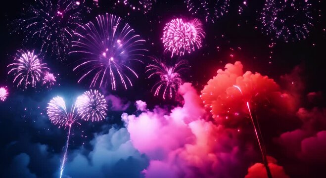 real colorful fireworks festival in the sky display at night during national holiday, new year party or celebration event