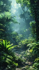 An ethereal forest scene with sunlight piercing through dense tropical foliage, creating a mystical atmosphere