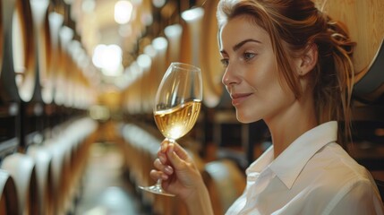 A female sommelier critically assessing the quality of white wine in a cellar. - obrazy, fototapety, plakaty