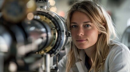Fototapeta na wymiar A professional female optometrist aligns a phoropter during an eye examination in a clinical setting.