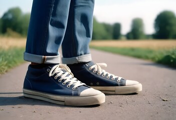Male legs side view wearing white blue sneakers on road focused blurry background - obrazy, fototapety, plakaty