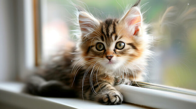 A cute kitten is sitting on a window sill. The kitten is looking at the camera with its big, round eyes. Its fur is soft and fluffy.