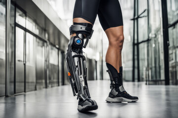 Guy walks bioprosthesis with on leg indoors