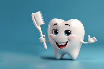 Tooth character with toothbrush on blue background. 3d render