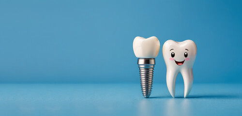 Two dental implant model of molar tooth as a concept of implantation teeth and dental surgery. 3d rendering illustration isolated on blue background, banner - obrazy, fototapety, plakaty