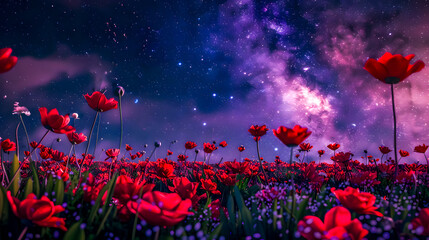 Paysage extraordinaire avec la galaxie dans le ciel et des fleurs rouges en premier plan
