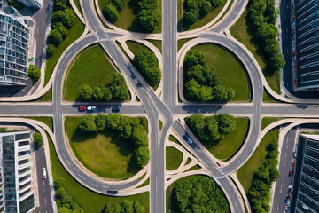 Top view transport interchange in city, highway road junction, urban architecture, modern megapolis with skyscrapers, cityscape background, noisy grungy effect. Cartoon illustration