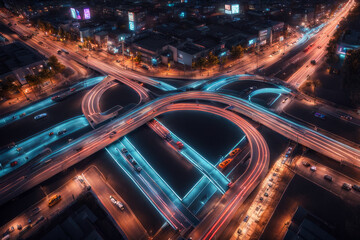 Fototapeta na wymiar Expressway top view. Road traffic illustration background In the night city