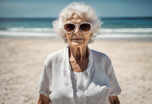 Senhora idosa aproveitando as ferias de ver&atilde;o na praia