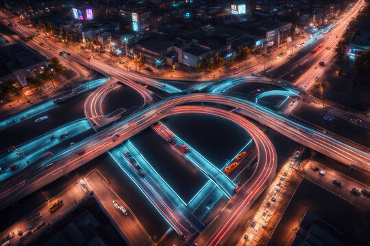 Expressway top view. Road traffic illustration background In the night city © irena_geo