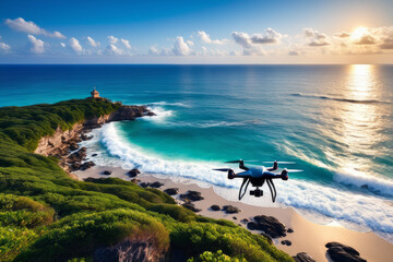 A flying drone helicopter with camera flying over white send of beautiful Island