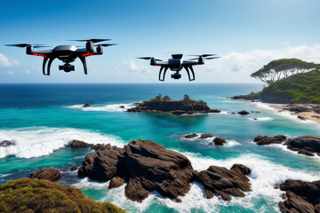 Two flying drones over of beautiful Island. Concept of observing ecology and sea tide