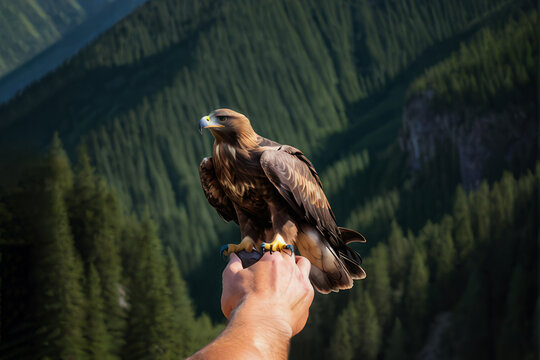 The hand of man with golden eagle among wooded mountains