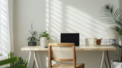 Fototapeta na wymiar Soft focus on a home office setup with stylish furnishings and indoor plants. Resplendent.
