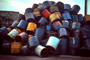 Fototapeta premium Oil drums dump. Pile of oil drums in landfill. Mound of oil drums near petrochemical plant. Oil barrels garbage at oil refinery. Gallon drum and Steel barrels for chemistry.
